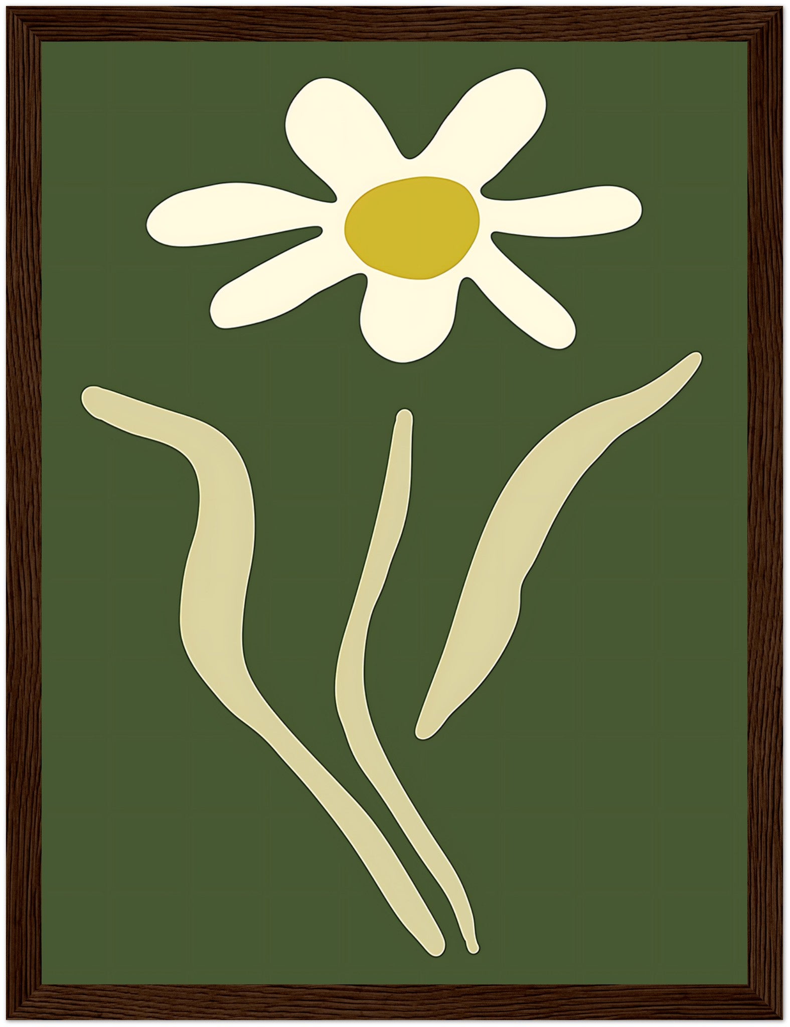 A stylized image of a white daisy with a yellow center on a green background, framed with a brown border.