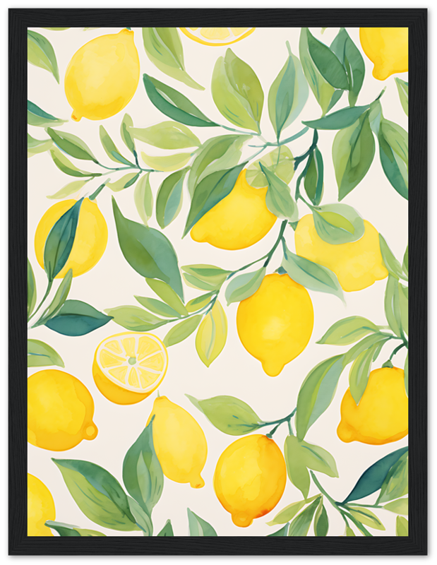 A framed picture of a lemon and leaves pattern on a light background.