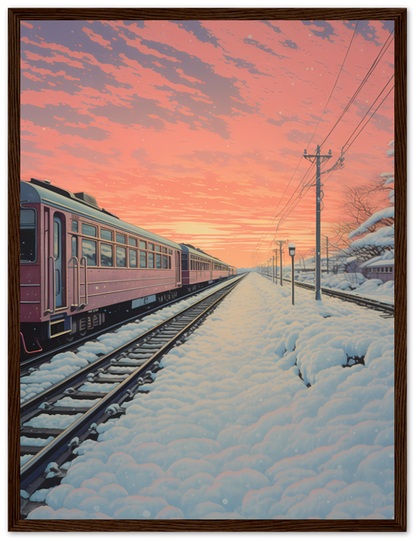 A train on snow-covered tracks under a pink sky at dusk.