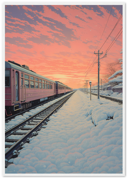A framed artwork depicting a train on snowy tracks under a pink sunset sky.