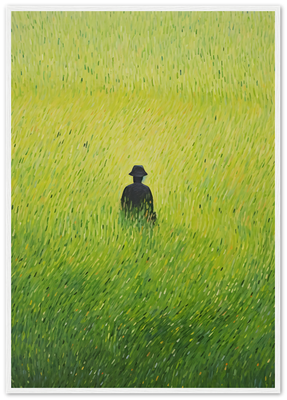 A painting of a solitary figure in a field of tall green grass within a wooden frame.