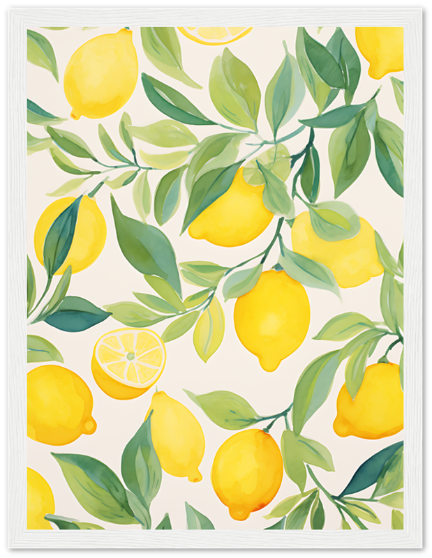 A cheerful pattern of yellow lemons and green leaves on a light background.