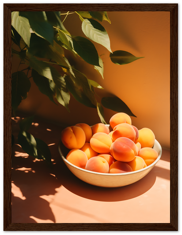 A bowl of ripe apricots on a table with sunlight casting shadows of leaves on the wall.