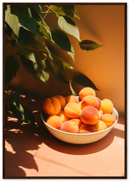 A bowl of apricots in sunlight with plant shadows on an orange background.
