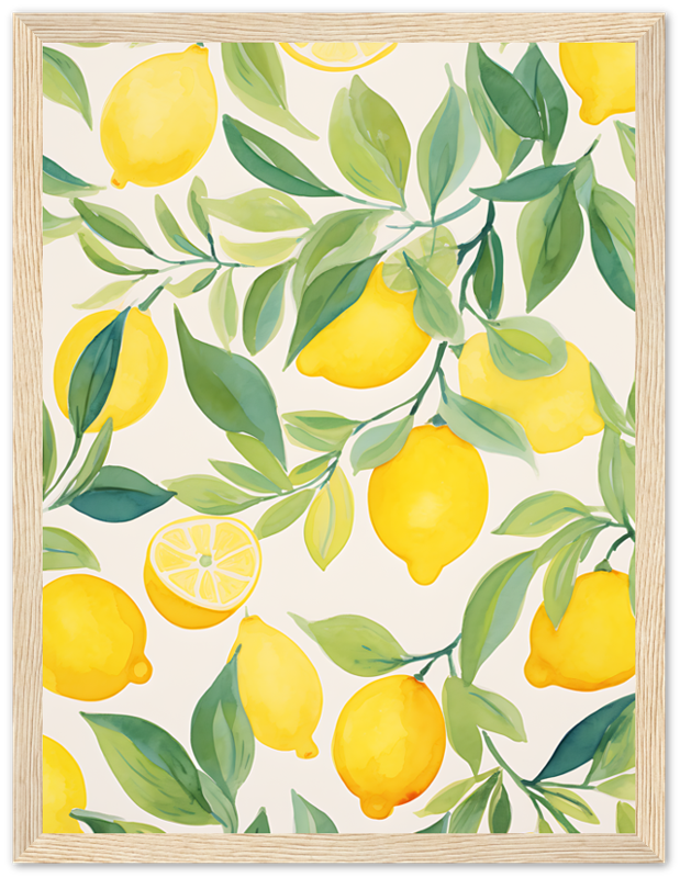 Illustration of bright yellow lemons with green leaves on a light background, framed.