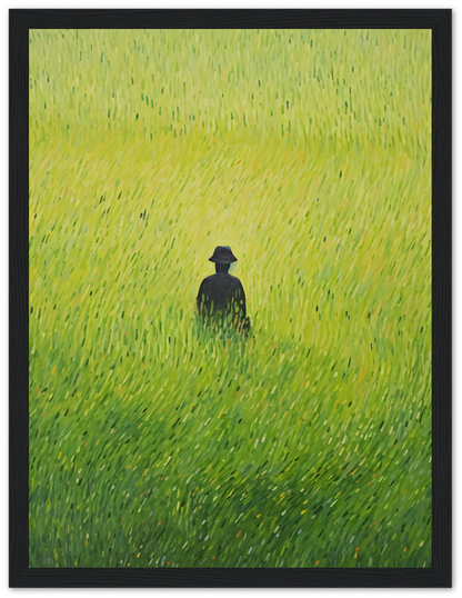 A painting of a solitary figure in a field of tall green grass within a wooden frame.