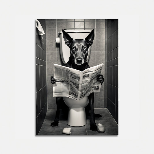 A dog sitting on a toilet reading a newspaper in a bathroom.
