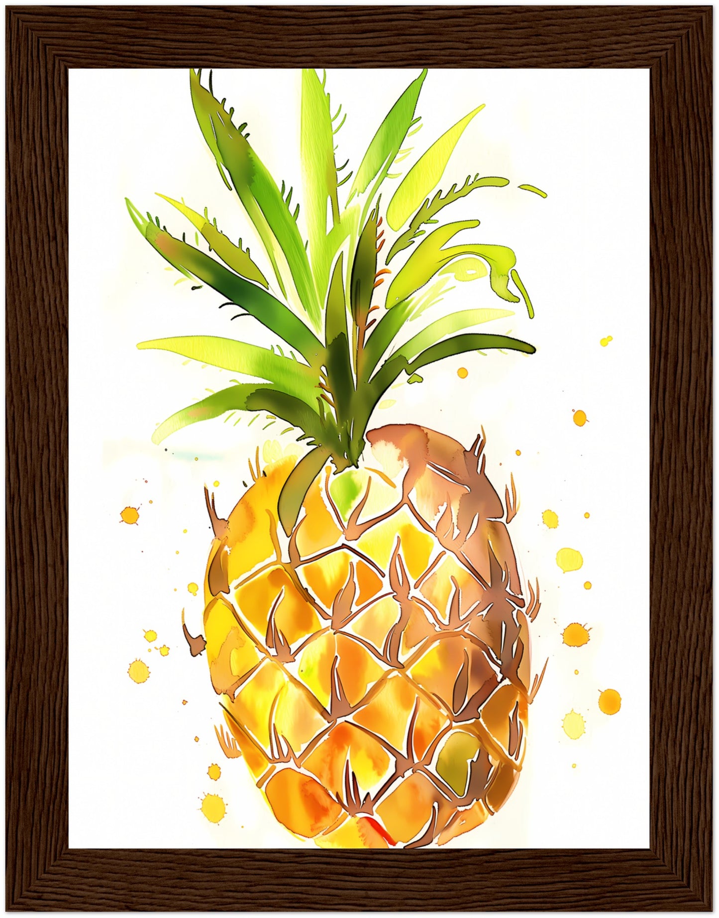 Watercolor painting of a pineapple with paint splatters around it.