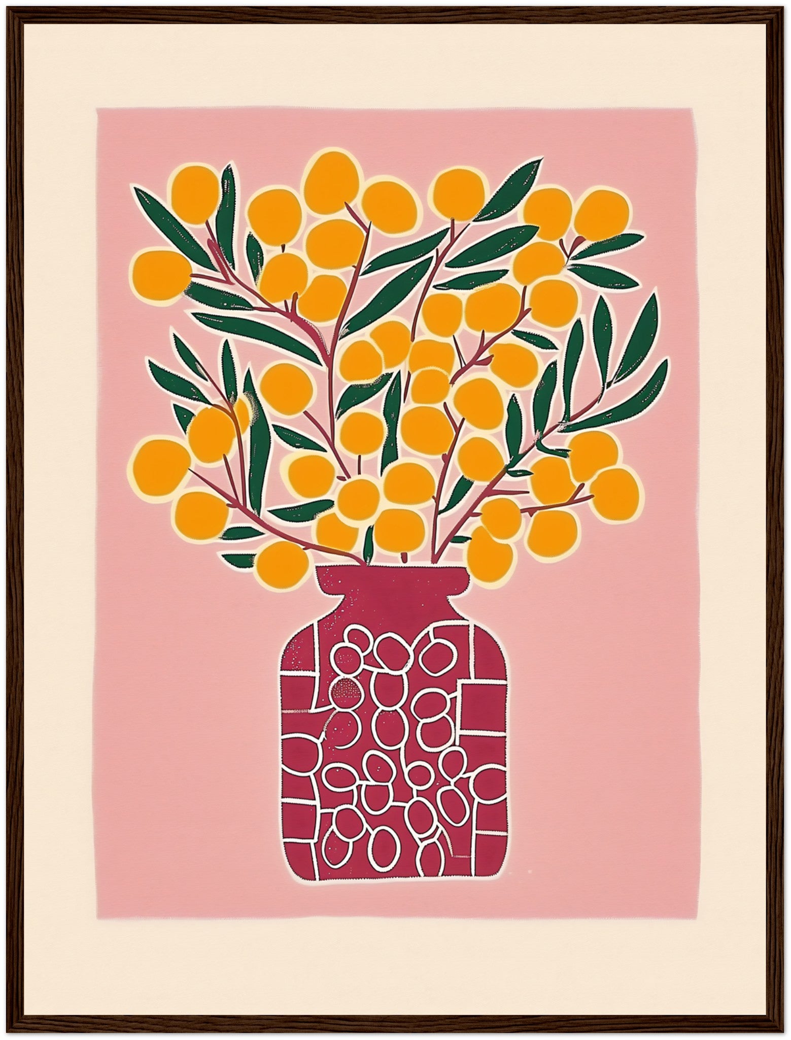 A framed illustration of a vibrant orange fruit plant in a patterned vase.