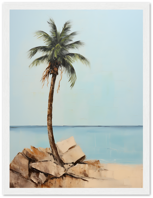 A framed painting of a palm tree on rocky terrain against a calm sea backdrop.