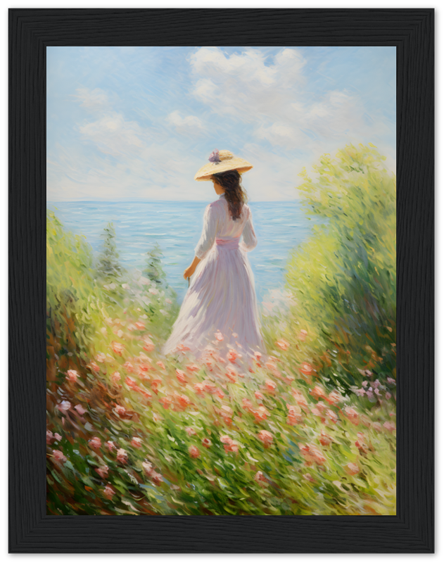 Impressionist painting of a woman in a white dress and hat standing in a flower field by the sea.