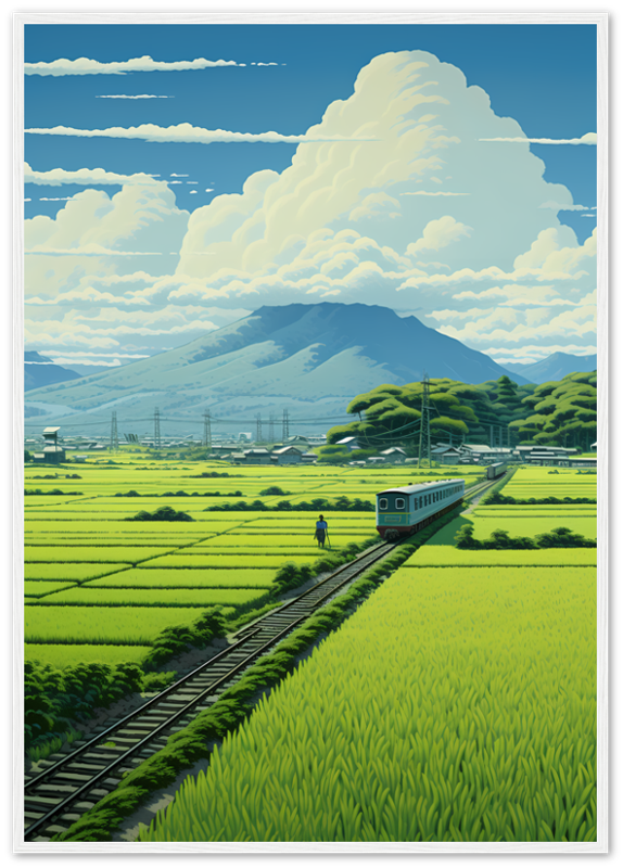 Illustration of a scenic train journey through lush green fields, with mountains in the background, framed as a picture.