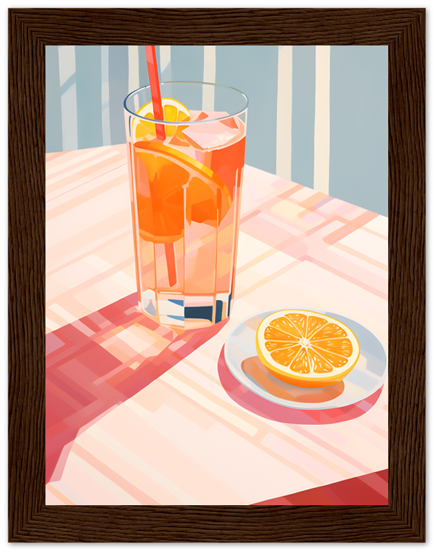 Illustration of a glass of iced tea with lemon slice and a plate with a lemon slice on a checkered tablecloth.