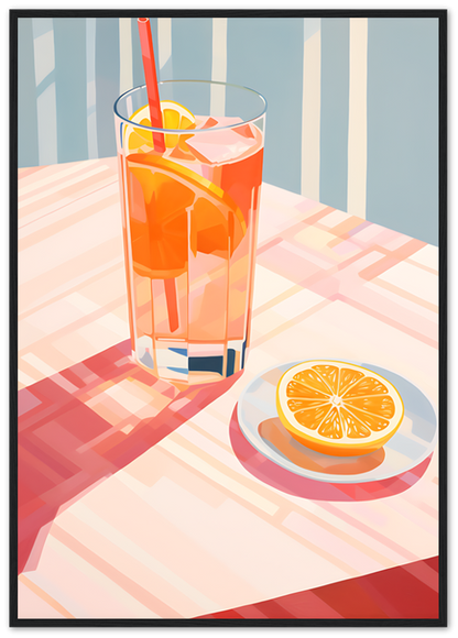 A glass of iced tea with lemon on a table next to a plate with lemon slices.