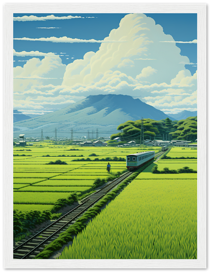 Illustration of a scenic train journey through lush green fields, with mountains in the background, framed as a picture.