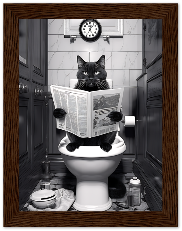 A cat sitting on a toilet reading a newspaper in a bathroom.