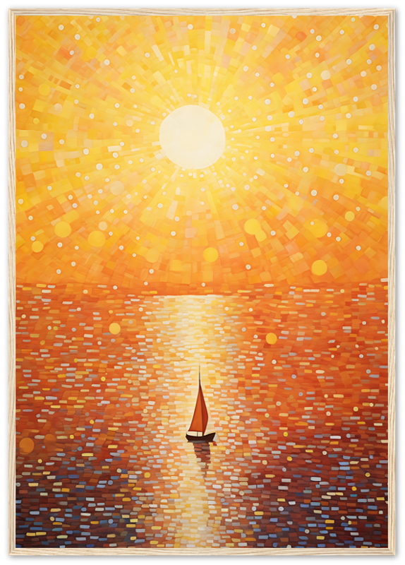 A vibrant painting of a sunset with a sailboat on water framed on a wall.