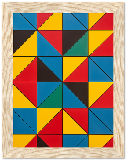 Geometric abstract painting with a pattern of triangles in red, blue, yellow, and green within a wooden frame.