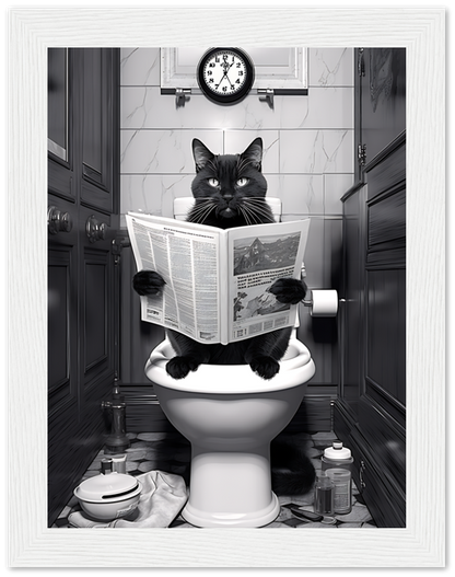 Black and white illustration of a cat reading a newspaper on a toilet.