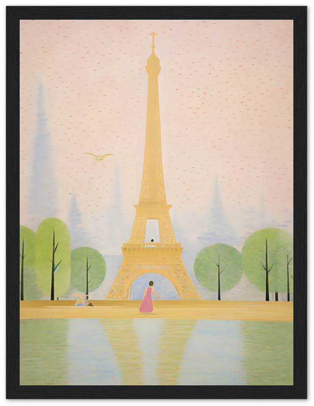 Illustration of the Eiffel Tower with trees, a reflective pond in the foreground, and a bird in the sky.