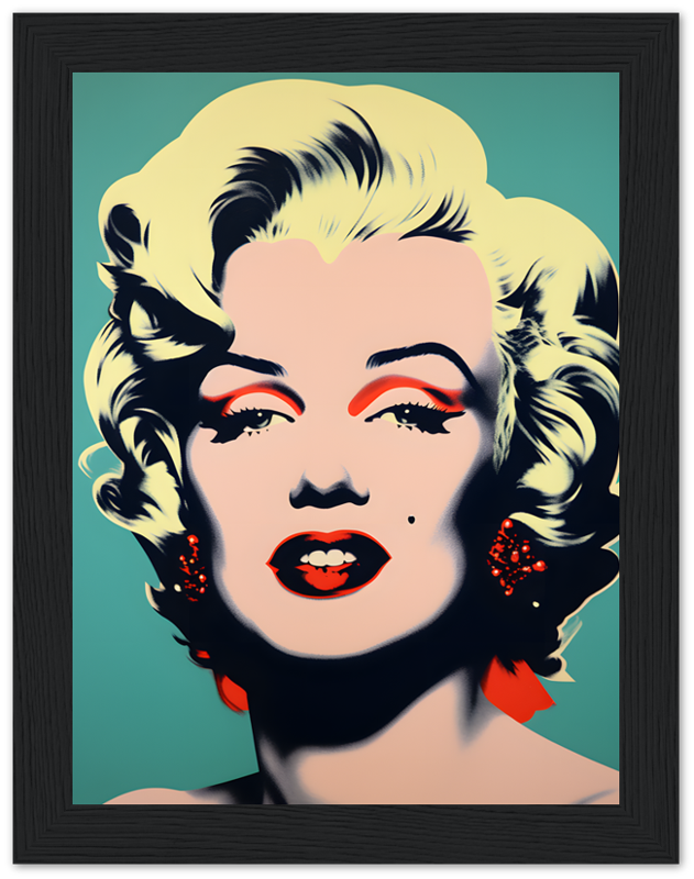 Pop art style portrait of a woman with blonde hair and red lipstick in a dark frame.