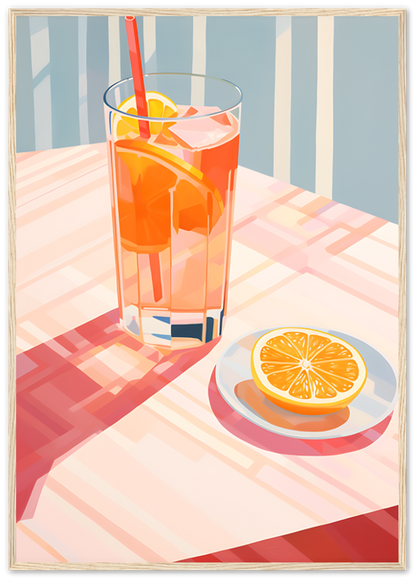 Illustration of a glass of iced tea with lemon and a sliced lemon on a saucer, on a sunny table.