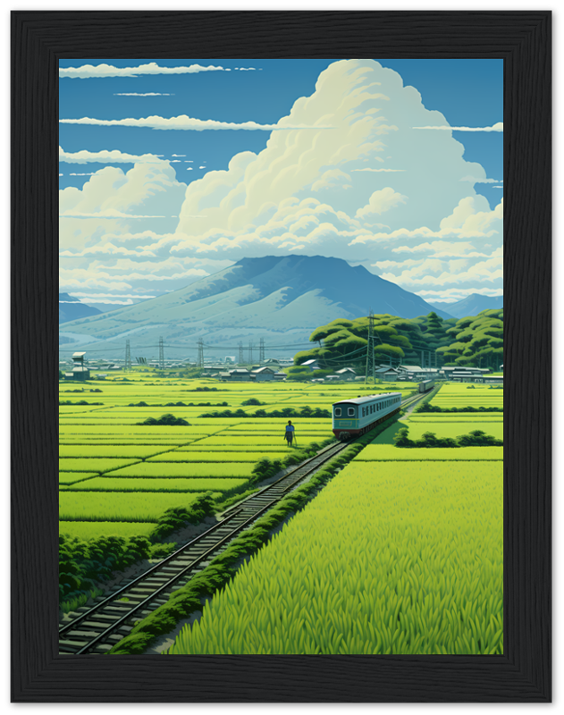 A framed illustration of a train traveling through a vibrant green countryside with mountains in the background.