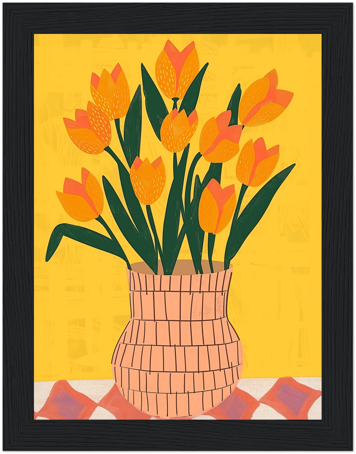 A colorful illustration of a vase with orange tulips on a yellow background.