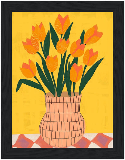 A colorful illustration of a vase with orange tulips on a yellow background.