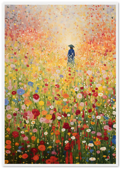 A vibrant painting of a person standing in a colorful field of flowers.