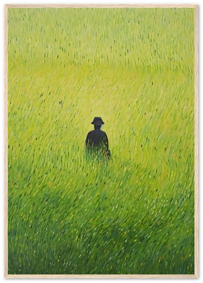 A painting of a lone figure in a field of tall green grass, viewed from behind.