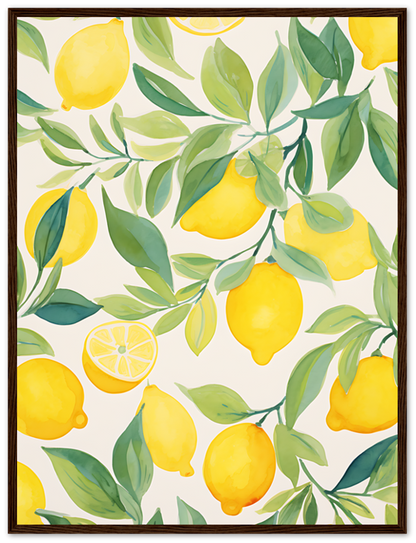 A painting of bright yellow lemons with green leaves on a light background.