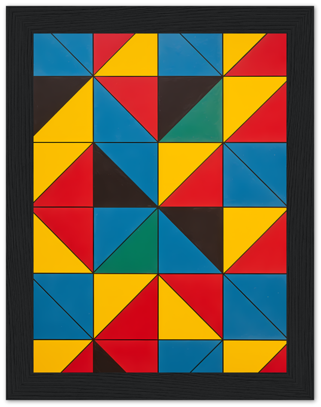 Modern geometric abstract art in a black frame, featuring a colorful pattern of red, blue, and yellow triangles.