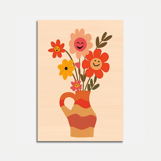 A cheerful illustration of a vase with smiling flowers on a canvas.