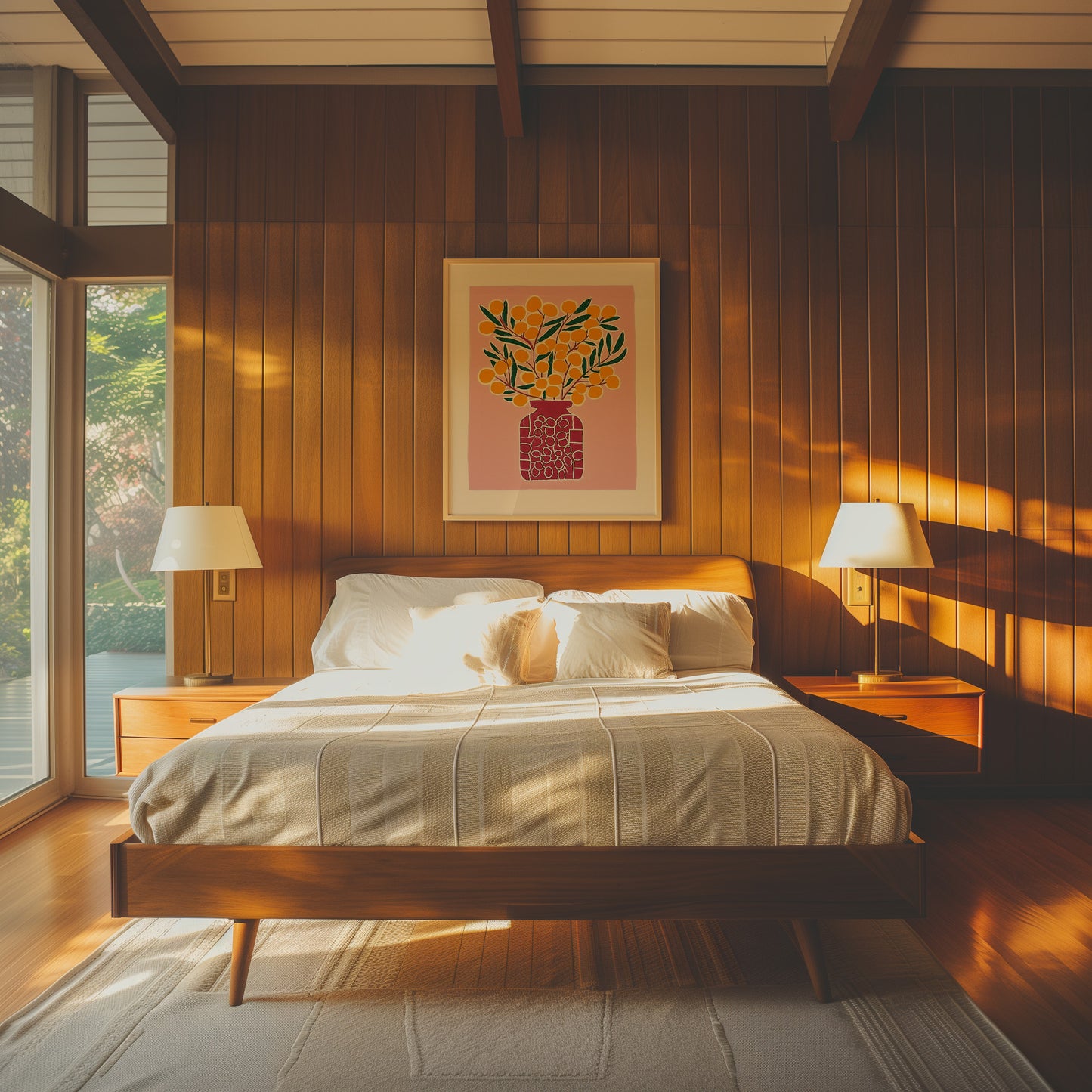 A cozy modern bedroom at sunset with warm lighting, wooden walls, and a framed artwork above the bed.