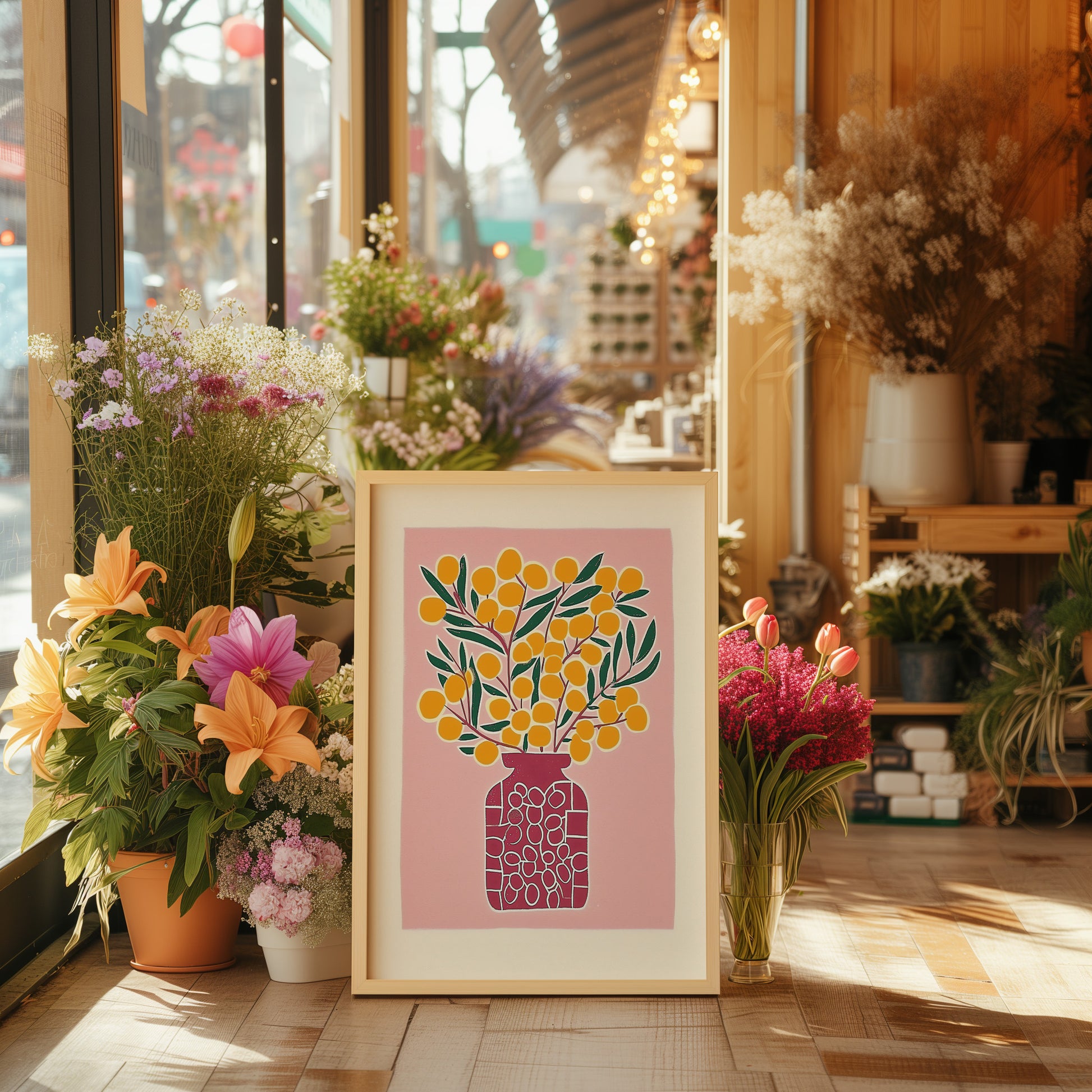 A colorful framed artwork of flowers in a vase beside potted plants in a sunny room.