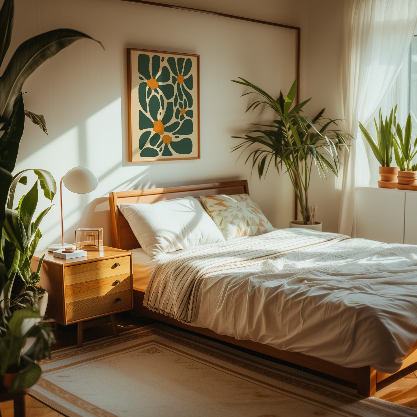 Cozy bedroom with a wooden bed, side table, and plant decorations in sunlight.