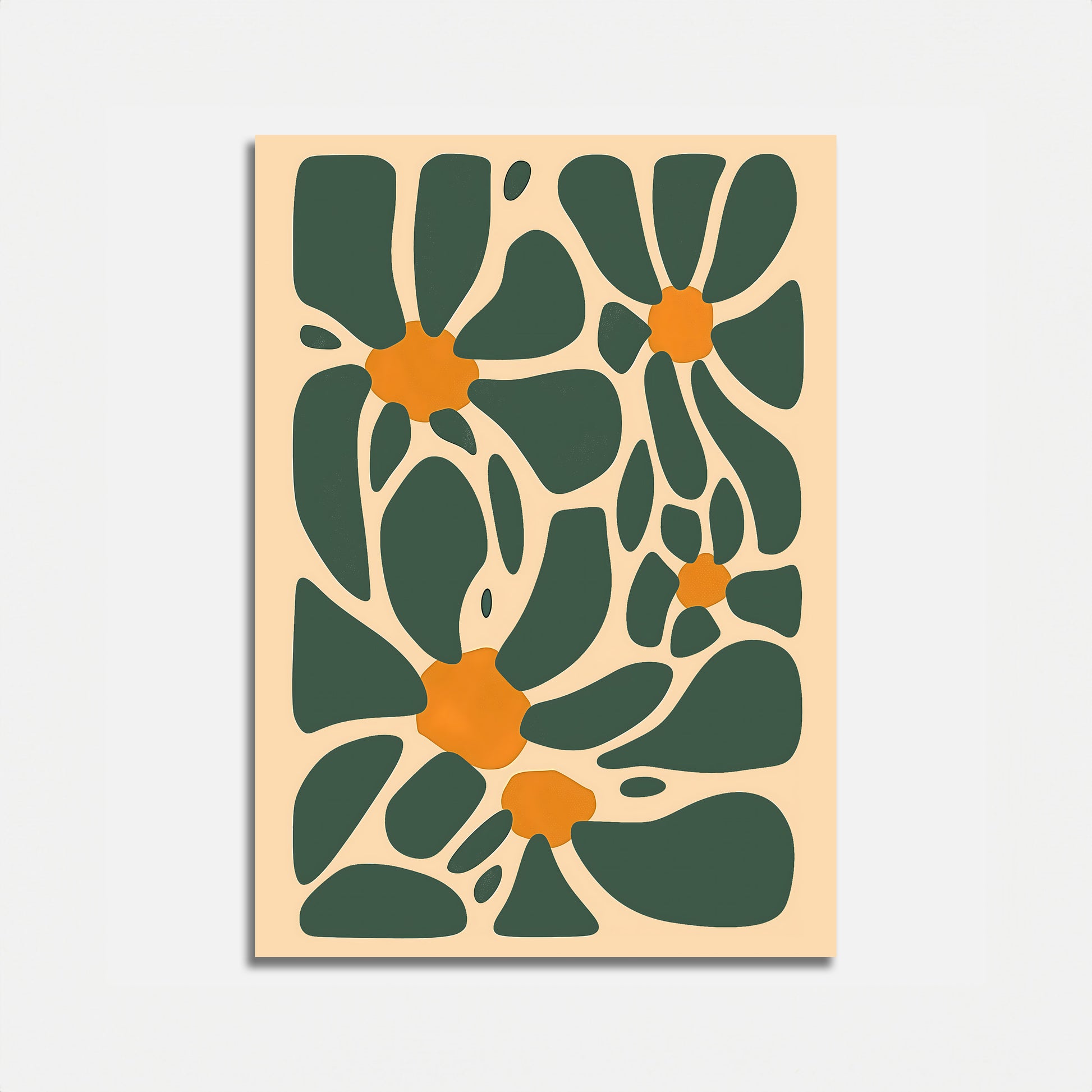 Abstract floral art with green and orange shapes on a cream background.