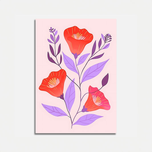 A minimalist floral art print with stylized red flowers and purple leaves.