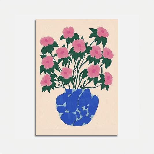 Illustration of pink flowers in a blue vase on a cream background.