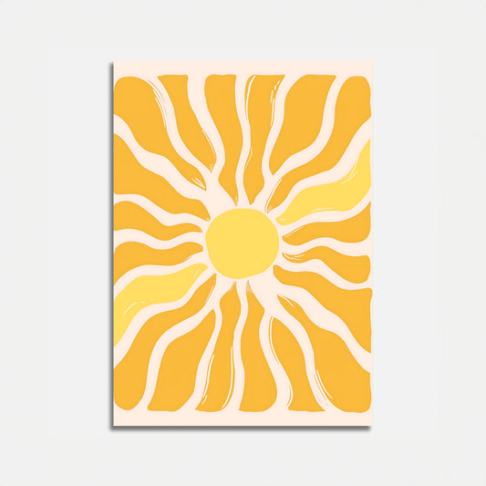 Abstract painting of a sun with yellow rays on a white background.