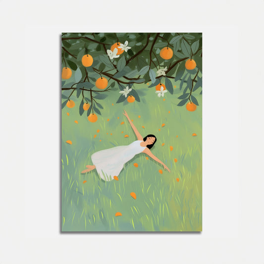 Illustration of a woman dancing under a tree with orange fruits and white flowers.