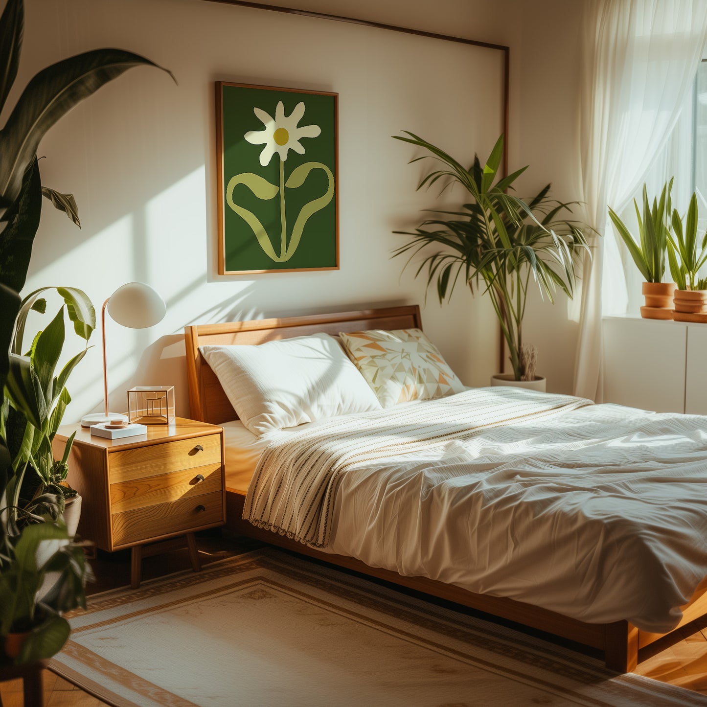 A cozy bedroom with a sunlight, featuring a bed, side table, lamp, plants, and a floral wall art.