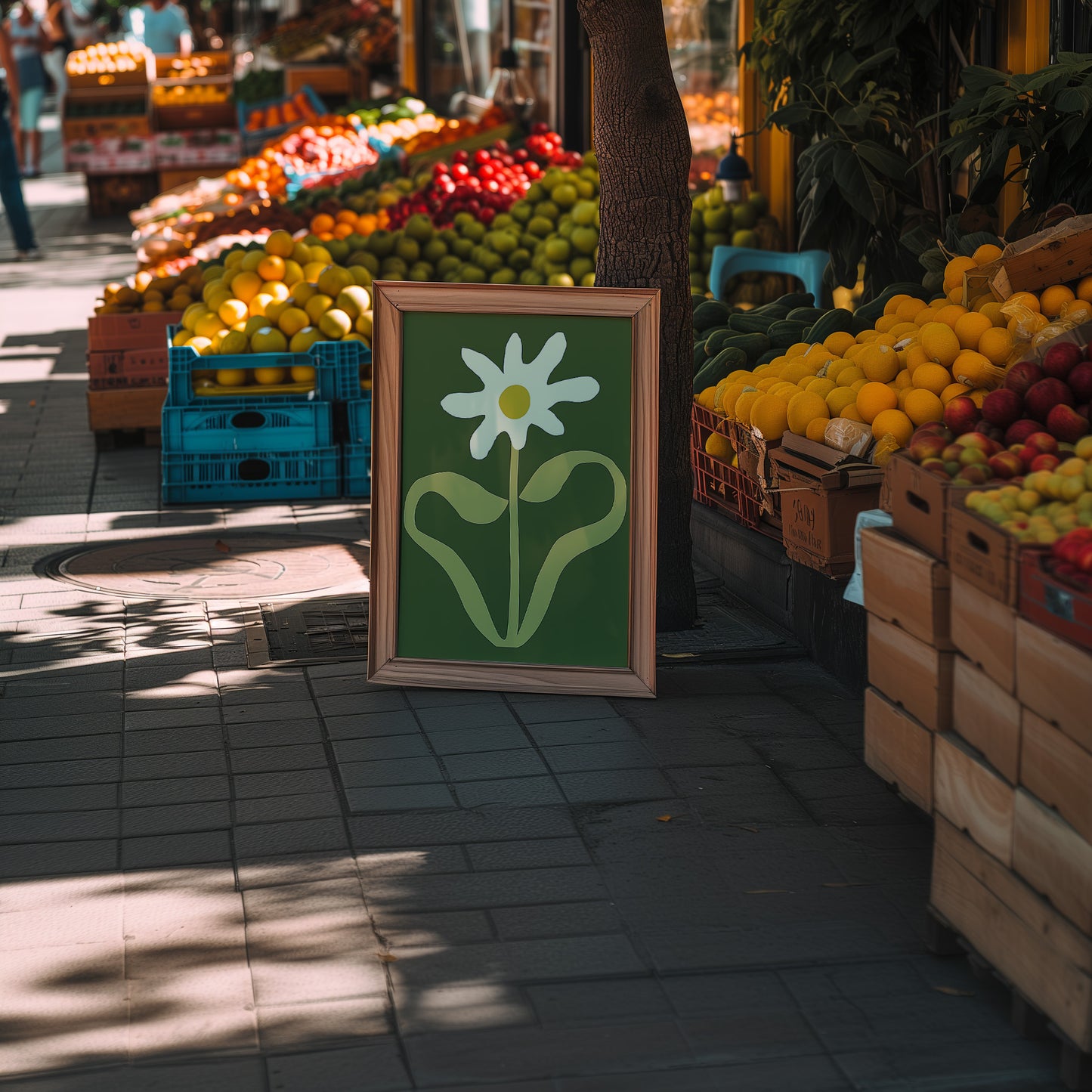 A framed picture of a flower on a sidewalk near a fruit stand.