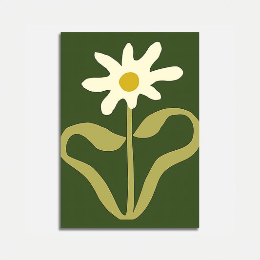 A minimalist art piece featuring a white flower with a yellow center on a green background.