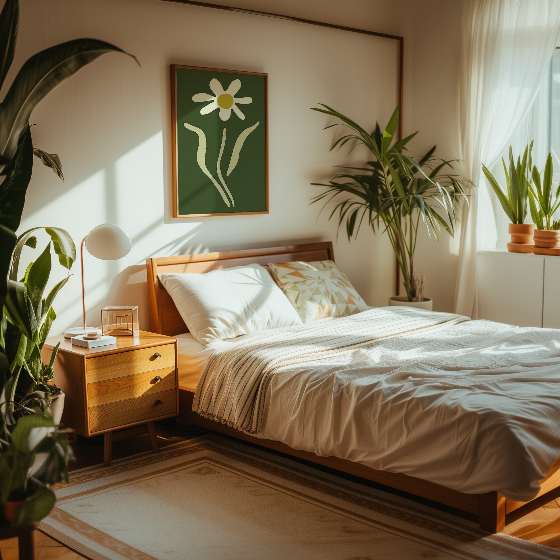 A cozy bedroom with a wooden bed, white bedding, plants, and a wall art of a flower.