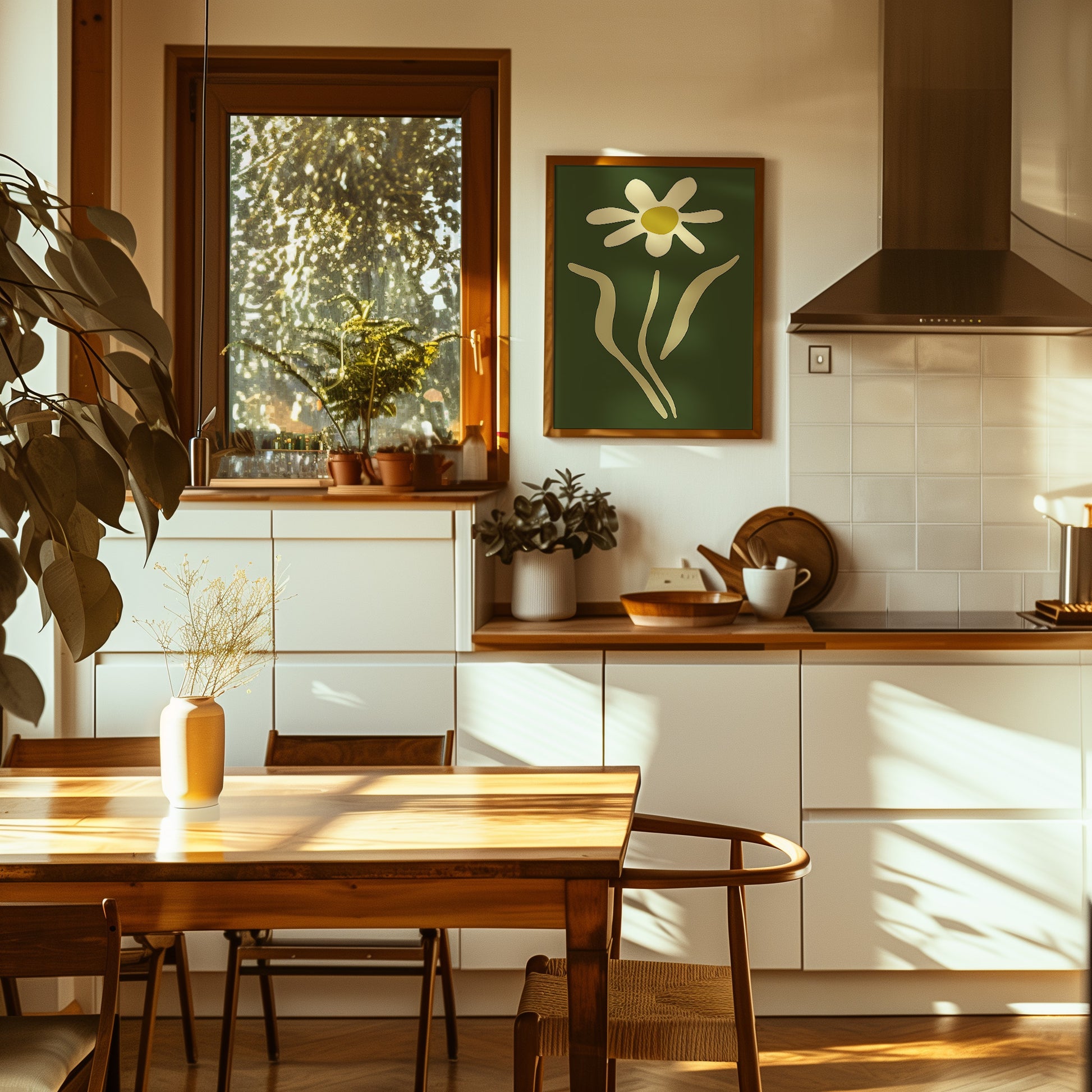 A cozy modern kitchen with sunlight streaming in, featuring a wooden table and vibrant green plants.