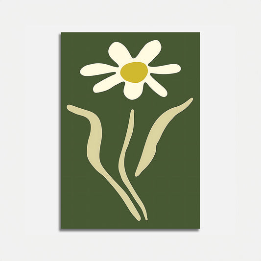 Abstract illustration of a white daisy with a yellow center on a green background.