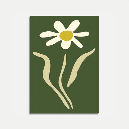Abstract illustration of a white daisy with a yellow center on a green background.