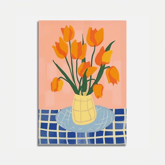 A painting of orange tulips in a yellow vase on a blue patterned tablecloth.